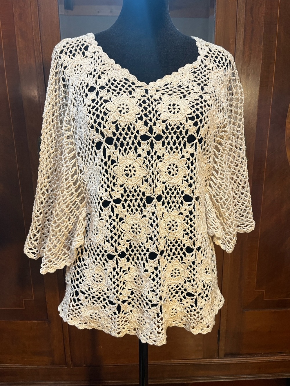Dandyline size Medium vintage Boho style crochet floral lace top ivory 3231 Swtr